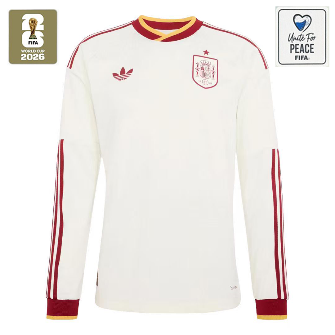 Spain Away Fan Long Sleeve Shirt 2026 World Cup + 2026 World Cup Champion Team White & Unite For Peace White Badge