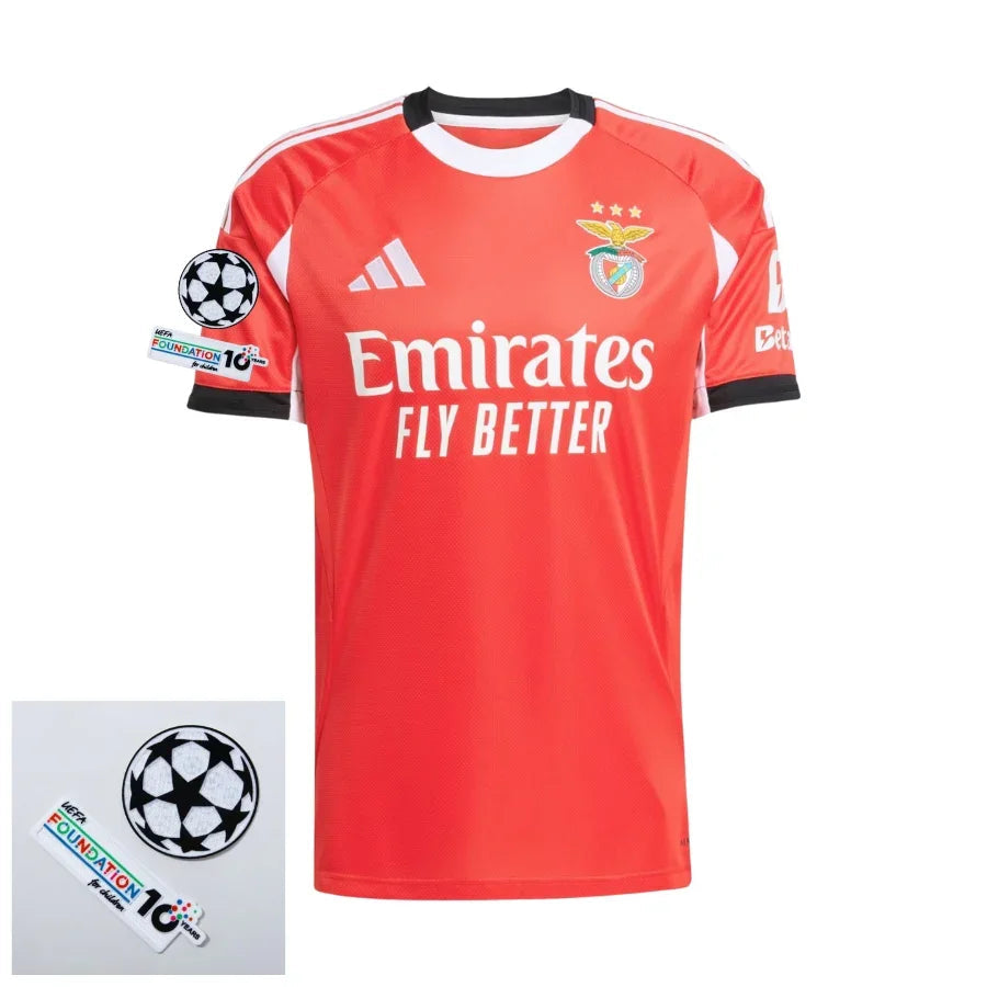 Benfica Home Fan Jersey 2025/26 Patches Ucl + 10Th Anniversary Uefa.