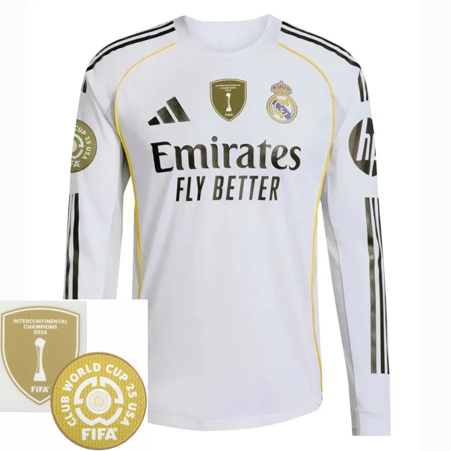 Real Madrid Home Long Sleeve Fan Jersey 2025/26 – Patch 2025 Club World Cup + Fifa Intercontinental Champions