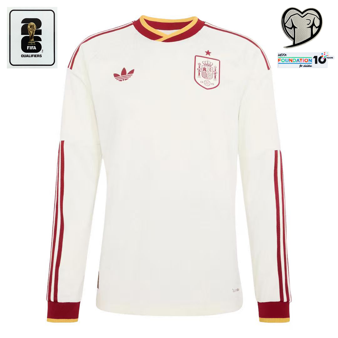 Spain Away Fan Long Sleeve Shirt 2026 World Cup + 2026 World Cup Qualifiers & EURO Qualifiers & UEFA Foundation 10 Years Badges